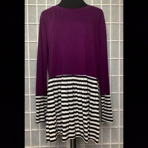 XL Zenana purple, and black and white striped long sleeve top.